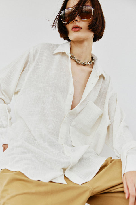 Camisa Oversized de Algodão Manga Longa Fem